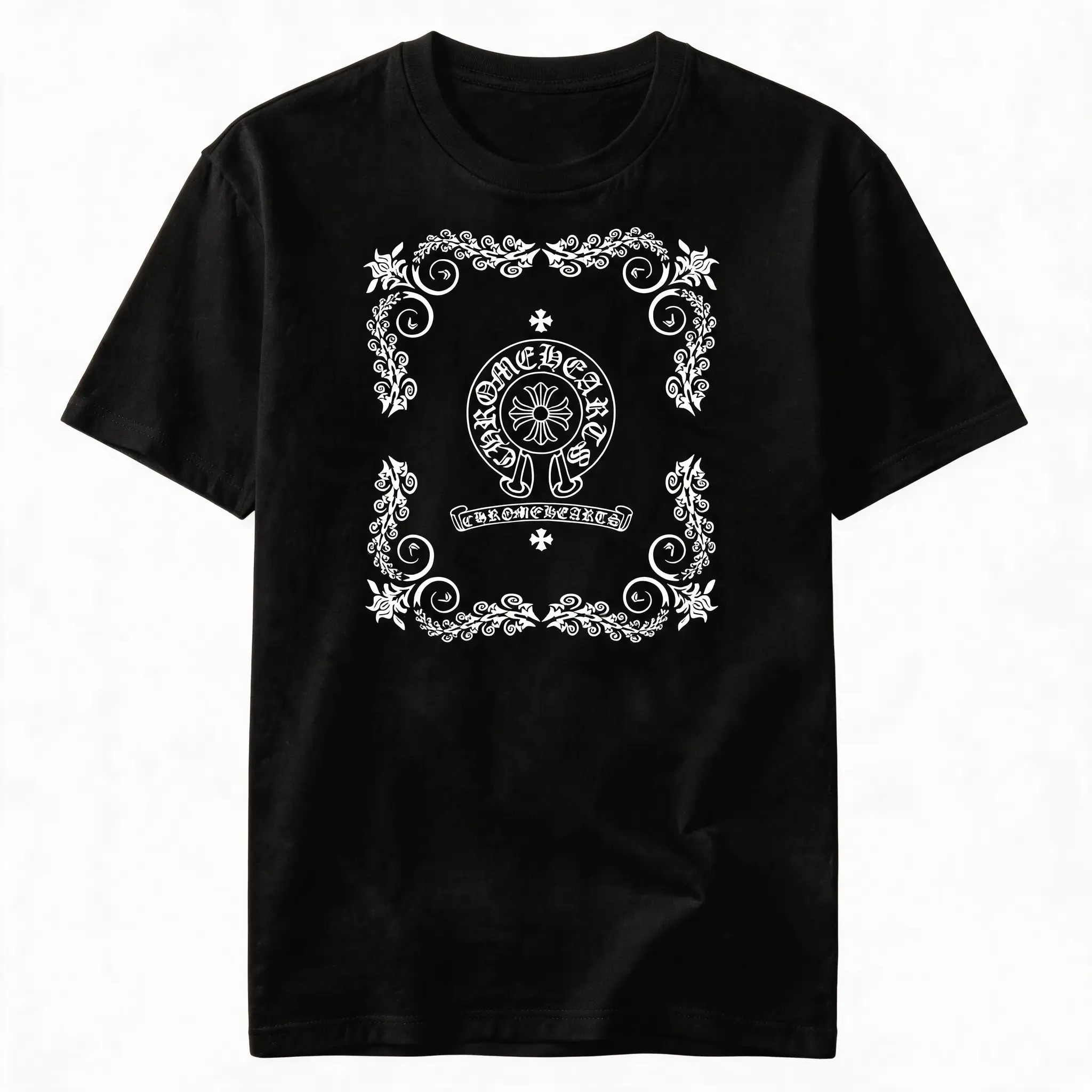 Gothic Ornamental Cross Graphic T-Shirt, Vintage Scroll Frame Cotton Tee, Unisex Streetwear Shirt