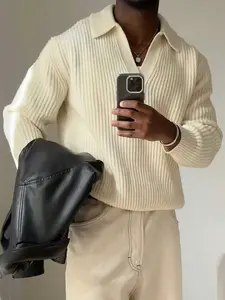 Men's New Casual Loose Fit Solid Color Ribbed Korean Style Versatile Commuter Daily Wool Long Sleeve Knitwear Polo Neck Sweater Top