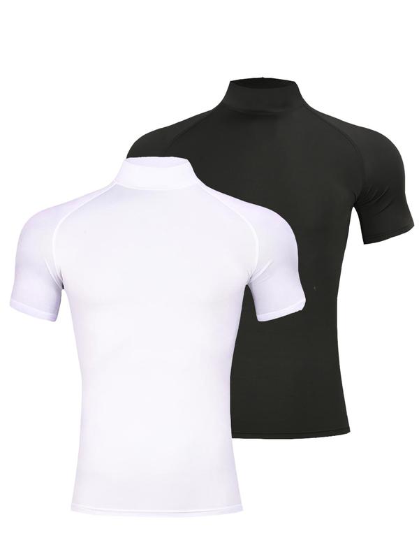 2 Pack Men’s Mock Turtleneck Compression Shirts Short Sleeve, Moisture Wicking Tights Base Layer Undershirt Sports T-Shirt, Gym Running Athletic Muscle Shirts Workout Tops, Compression Sportswear