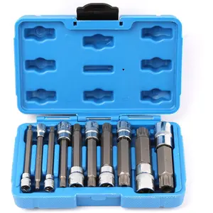 10 count XZN Triple Square Socket Kit Spline Socket Bit Set Long Drive Metric Bits 4-Inch Kit  1/4 "  3/8 " and  1/2 " Drive Ratchets