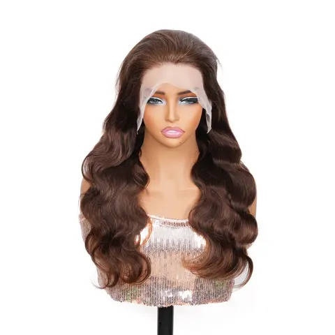 SS+ Brazilian Body Wave Human Hair 13x4 Lace Front Wig Chocolate Brown #4 Pre Plucked Natural Hairline with Baby Hair No Shedding No Tangle Soft Bouncy Heat Friendly Daily Wear Women