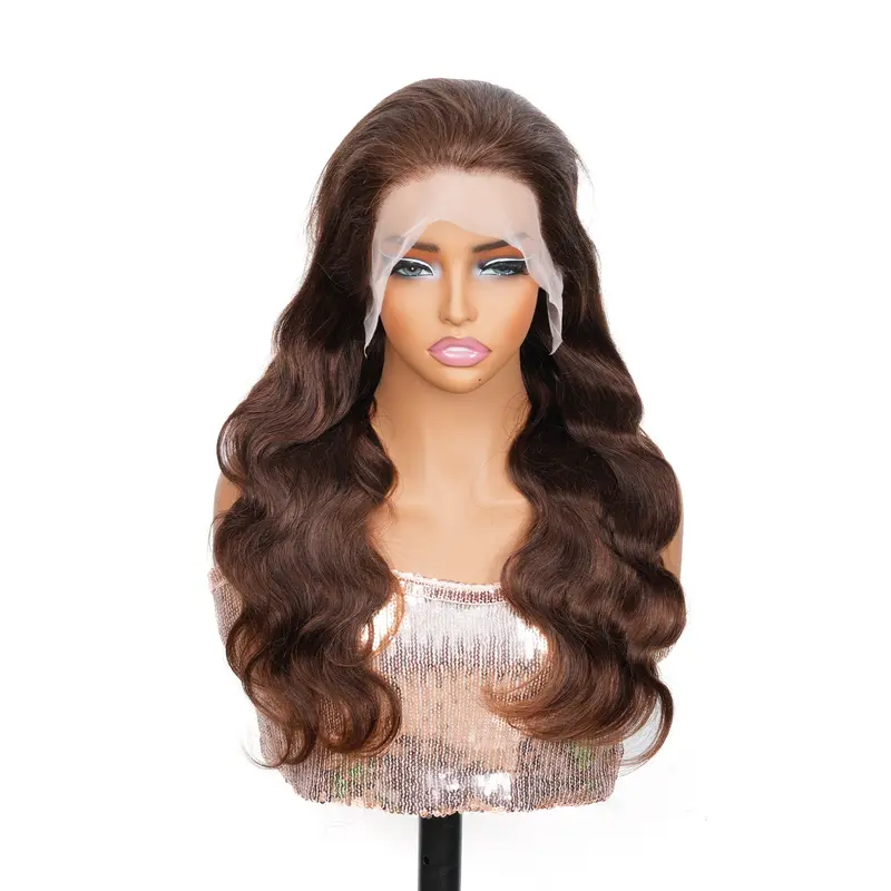 SS+ Brazilian Body Wave Human Hair 13x4 Lace Front Wig Chocolate Brown #4 Pre Plucked Natural Hairline with Baby Hair No Shedding No Tangle Soft Bouncy Heat Friendly Daily Wear Women