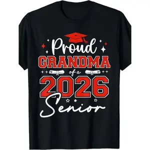 2026 Proud Grandma of a Senior Graduate T-Shirt Class of 2026 Diploma Design Black with Red Lettering 180g Knit Fabric Plus Size Unisex Adult Casual Round Neck Tee for Graduation Gifts Birthday Holiday Celebrations