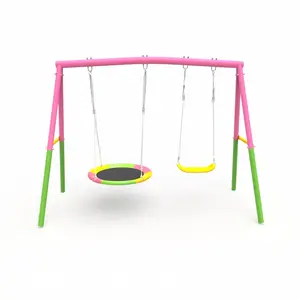 Swing Set for Backyard, 440lbs Swing Set with Heavy-Duty A-Frame Metal Outdoor Swing Stand, 1 Saucer Swing Seat & 1 Belt Swings Seat
