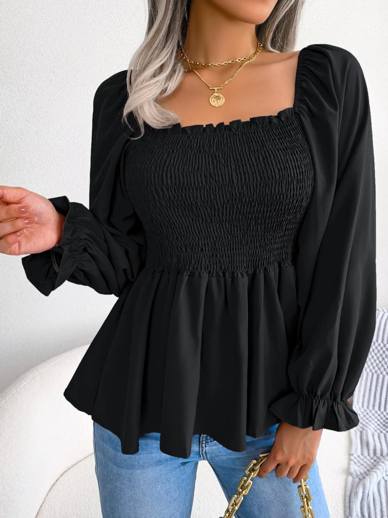 【Superfancyfashion】 Women's Shirred Square Neck Chiffon Blouse, Elegance Chic Fit Frill Trim Flounce Sleeve Peplum Top Fall, Back To School Going Out