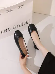Multicolor Round Toe Bow Low Heel Shoes, Soft PU Leather, Rubber Sole, Slip-On Design, All-Season, Casual & Commuter Friendly