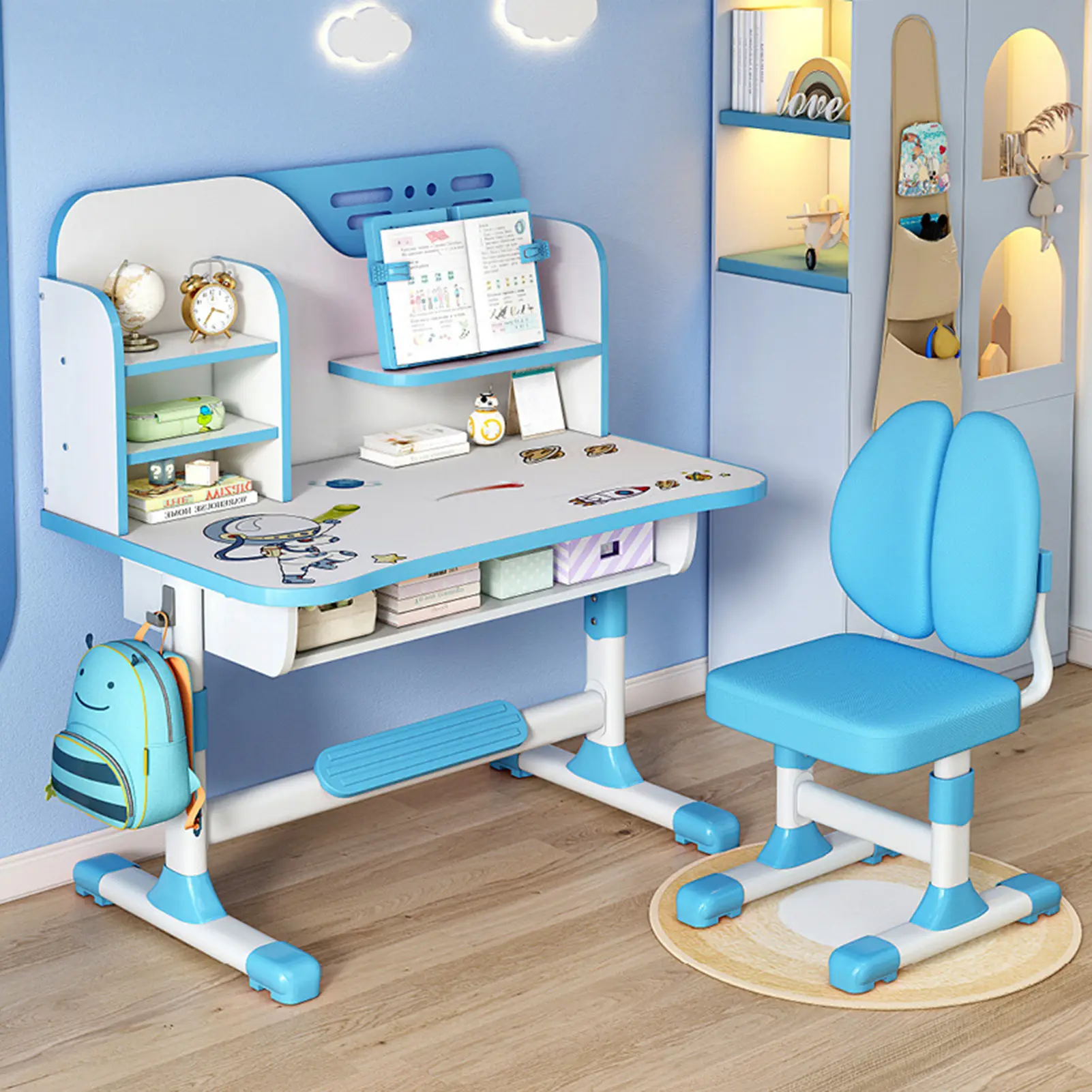 2Pcs/Set Premium Study Desk Chair Set, Height Adjustable School Study Table Chair Set with Astronaut Pattern, Ergonomic Desk Chair with Large Writing Board, Bookshelf and Drawer (Pink, Blue)