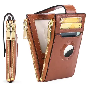 Viral AirTag Wallet for Women – Anti-Theft Leather Card Holder with Double Zipper, ID Window & Hidden AirTag Pocket