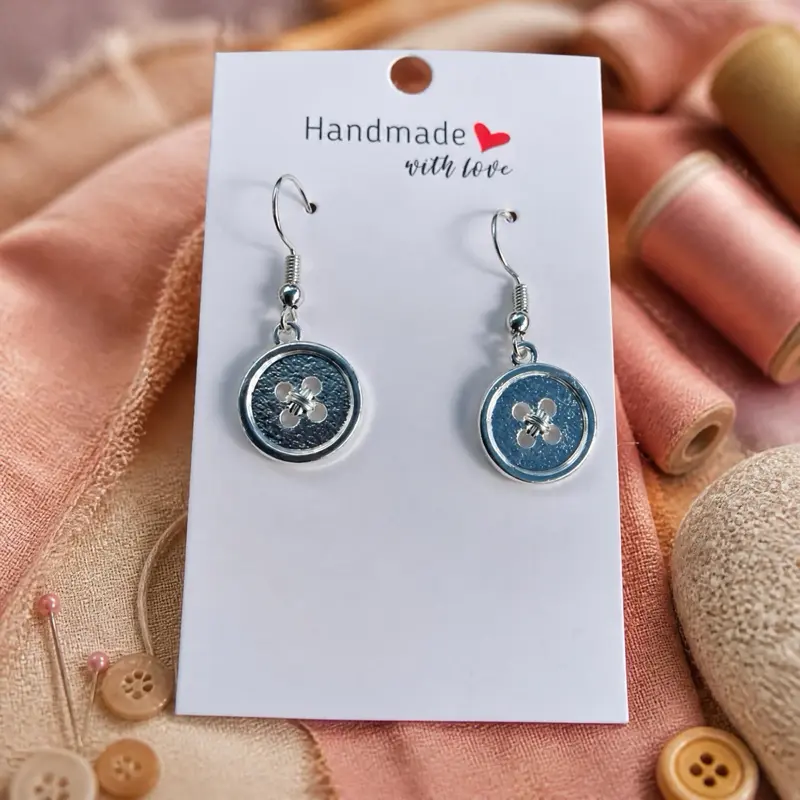 Handmade with Love Aretes de Botones Silver Button Earrings for Women Fashion Jewelry