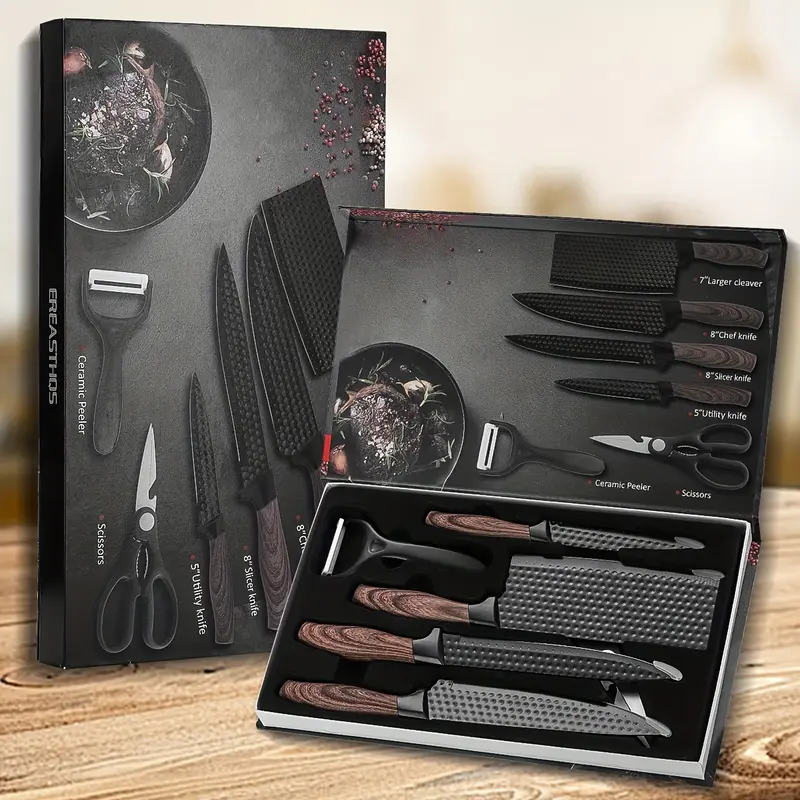 Stylish 6pcs Rustproof Stainless Steel Kitchen Knives Set - Chef Blade, Slicing Blade, Scraper, Scissors, Anti-stick Ergonomic Wooden Handle, Super Sharp Cutting Tool for Family Use, Christmas/Birthday/Father's Day Gift Box Idea