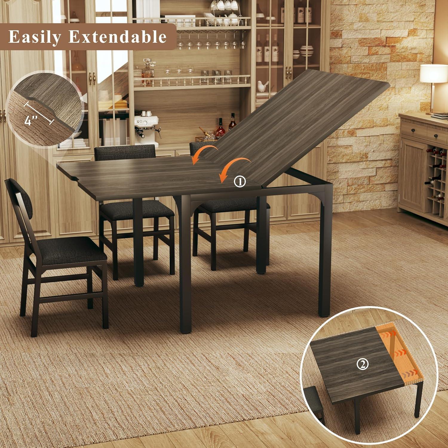 7-Piece Dining Table Set for 4-6, Extendable Kitchen Table Cushion Chairs Set of 6 with 6 Chairs, Rectangle Dining Table with Metal Frame & MDF Board, Folding for Small Apartment Saving Space,Grey Oak