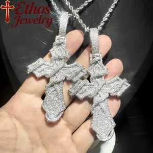 Cross Pendant Fully Inlaid with D Color Sugar AAAAA+ Zirconia VVS/1 Stones Hip-Hop Style Unisex Design with Free Chain for Daily Wear