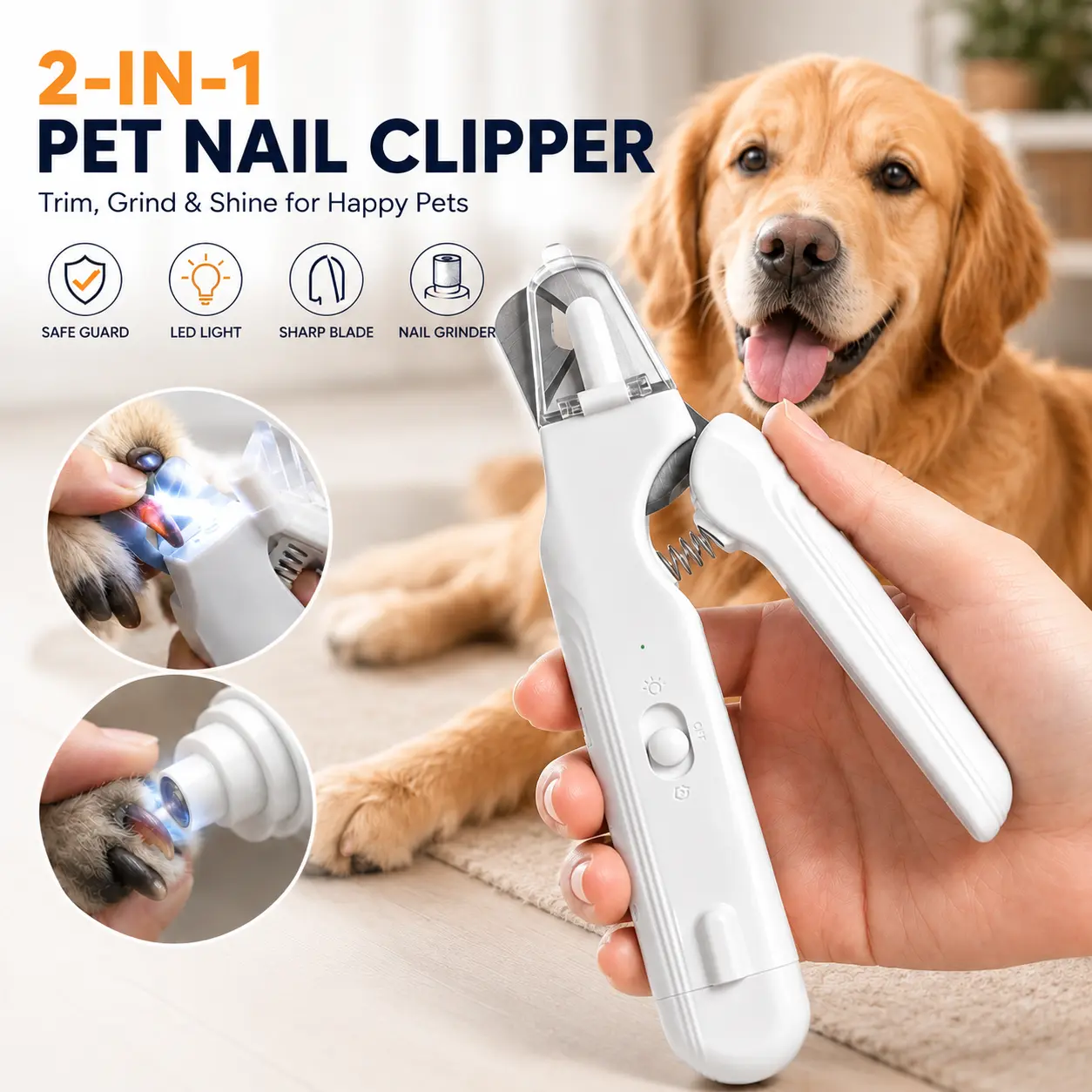 2-in-1 Dog Nail Clipper & Grinder (Paw Trimmer) with LED Light, Safe Precision Trim, Sharp Blades, Quiet Low Vibration, USB Rechargeable, for Small-Medium-Large Dogs Cats Home Grooming