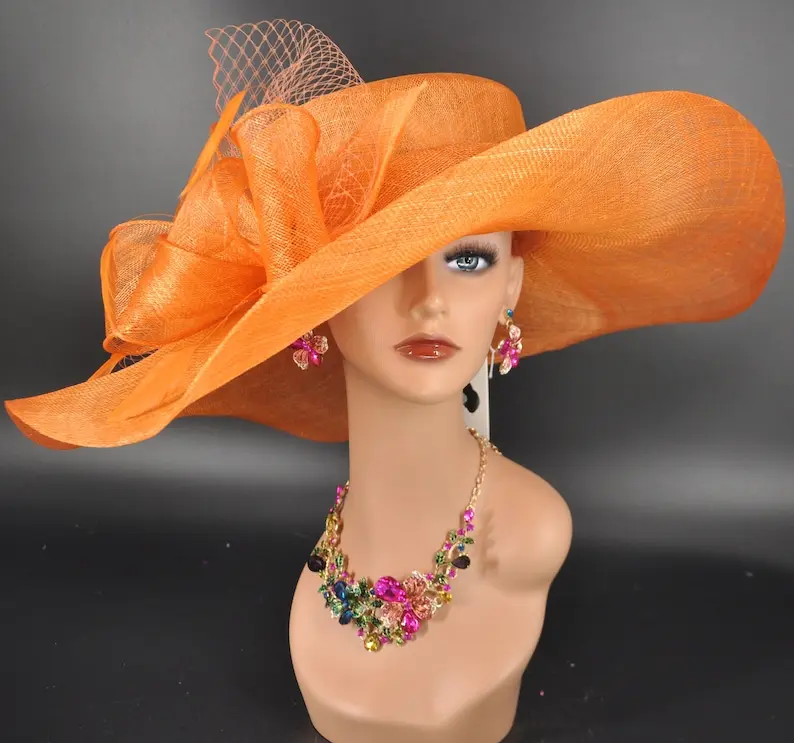 Oaks Day Hat - Orange Wide Brim Church Hat for Weddings, Easter, Tea Parties & Carriage Events