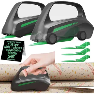 2PC Wrapping Paper Cutter with 3 Replaceable Blades Car Design Cutter Dispenser Fits Any Diameter Gift Wrapping Paper Roll, Cuts Straight Efficiently Easily Safely for Halloween Christmas