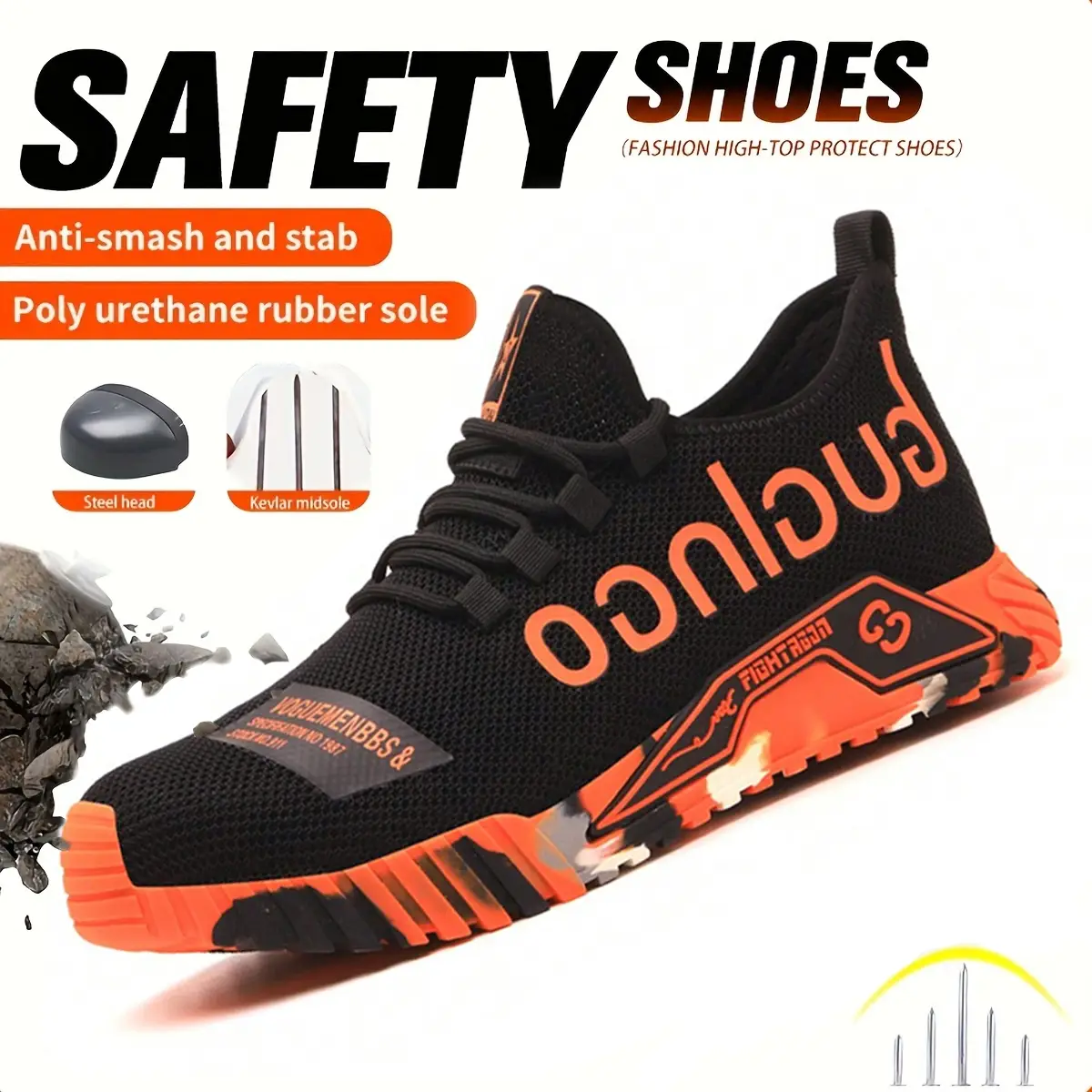 Men's steel-toe sports non-slip work shoes, featuring breathable knitted uppers, with anti-smashing, anti-piercing, shock-absorbing and wear-resistant