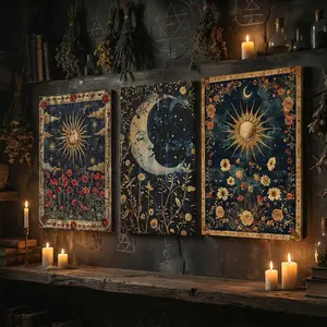 Three-Piece Set Canvas Prints, Celestial Magic Mystical World, Modern Vintage Style Sun Star Sleeping Moon, Room Decor Wall Art Poster, Boho Bedroom, Meditation Nook, Sunflower Floral Print