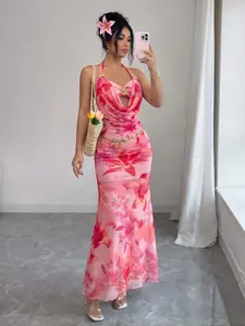 Women’s Tie-Dye Floral Mesh Long Dress with a Draped Halter Neckline; Summer Fashion Casual Long Dress with a Cinched Waist, Suitable for Holidays, Beach Vacations, Gatherings, and Parties.
