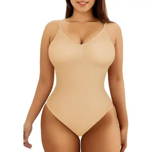 Bodysuit - Shapewear for Women, Seamless Ribbed Tummy Control, V-Neck Tank Top(Nude)