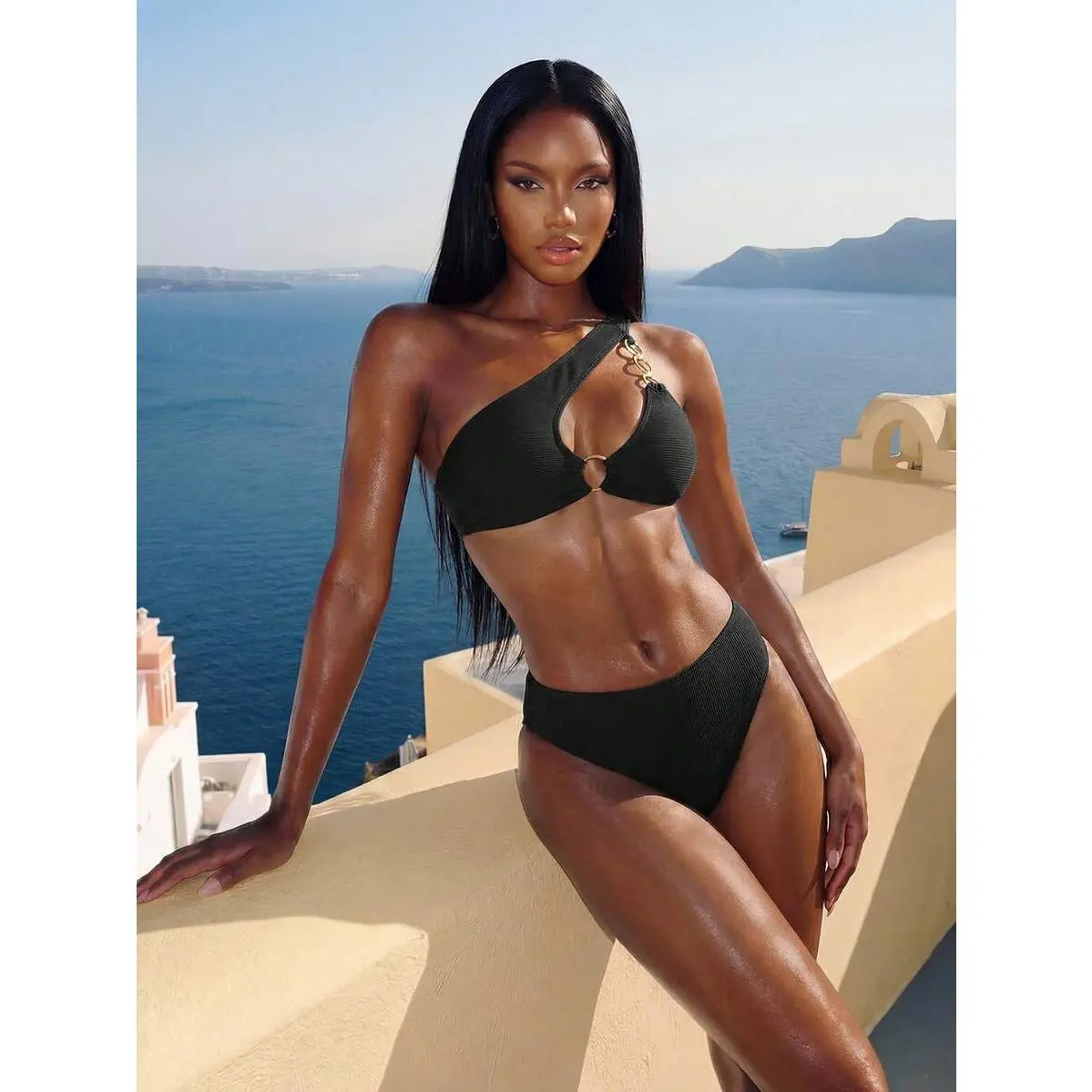 Women's Asymmetrical High Waisted Bikini Set, Navy Blue Cut Out Swimwear with Metal Ring Detail, Wireless Padded Bra for Summer Beach, Independence Day, Polyester Blend