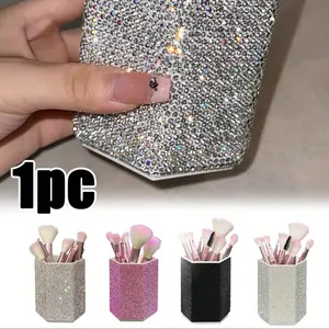 Hexagonal Crystal Makeup Brush Holder, Large Capacity, Luxury Decorative Shiny Surface, Multifunctional Cosmetic Storage Rack, Makeup Organizer Box for Bedroom Vanity Desk