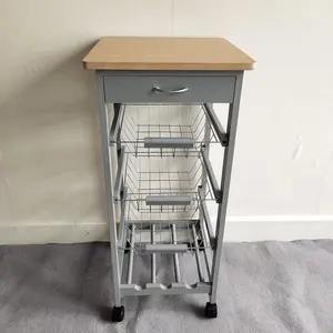 HYGRAD BUILT TO SURVIVE 3 Tier Wooden Rolling Kitchen Island Trolley, Utility Storage Cart with 3 Basket, Drawers - 1 Wine Rack with Wheels Cabinet for Home, Dining Room, Bar