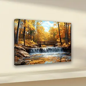 Serene Autumn Landscape Framed Wall Art - Tranquil Fall Scene with Bridge and Waterfall, Pine Wood Frame, Ink on Canvas, Perfect for Living Room, Bedroom, Office Decor, and Holiday Gifts, Multiple Sizes Available, Office Decoration| Tranquil Scene Ar