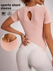 Women's Cross Back Short Sleeve Sports Top, Quick Dry Sport T-Shirt, Ideal for Yoga, Fitness, Running, Casual Wear