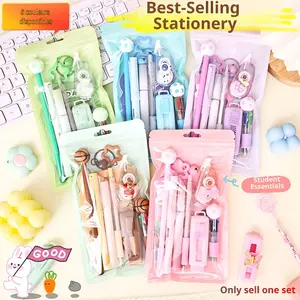 9-piece set of stationery, School supplies, including alien notebook, neutral pen, keychain, eraser, highlighter, correction tape, pencil, with 5 colors to choose from, suitable for classroom rewards and holiday gifts, Student Essentials