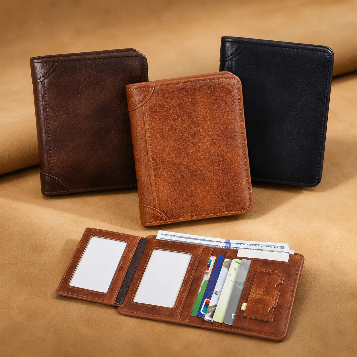 Vintage Trifold Wallet for Men, Compact Multi-Card Holder with Dual ID Windows & Cash Compartment, Classic Leather-Look Slim Wallet for Everyday Carry