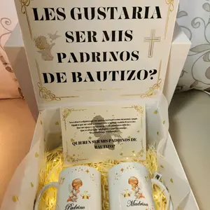 Gold Gift Box Godparents Proposal with Two 11oz Mugs Washable Drinkware for Baptism Proposal