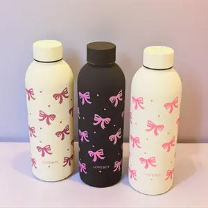 Cute Coquette Bow 500ML Stainless Steel Vacuum Insulated Water Bottle, Matte Anti-Scald Leak-Proof Tumbler, Aesthetic Trendy Travel Mug for Gym, School & Outdoor, Pink Bow Gift Drinkware Student