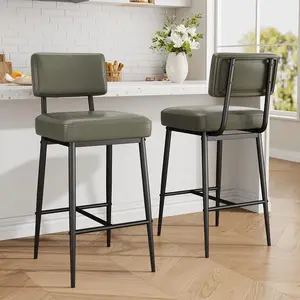 Modern Counter Height Bar Stools Set of 2 – Faux Leather Upholstered, 26-Inch with Backrest, Heavy Duty 400 lb Capacity, Metal Frame for Kitchen Island or Home – Rustic Green