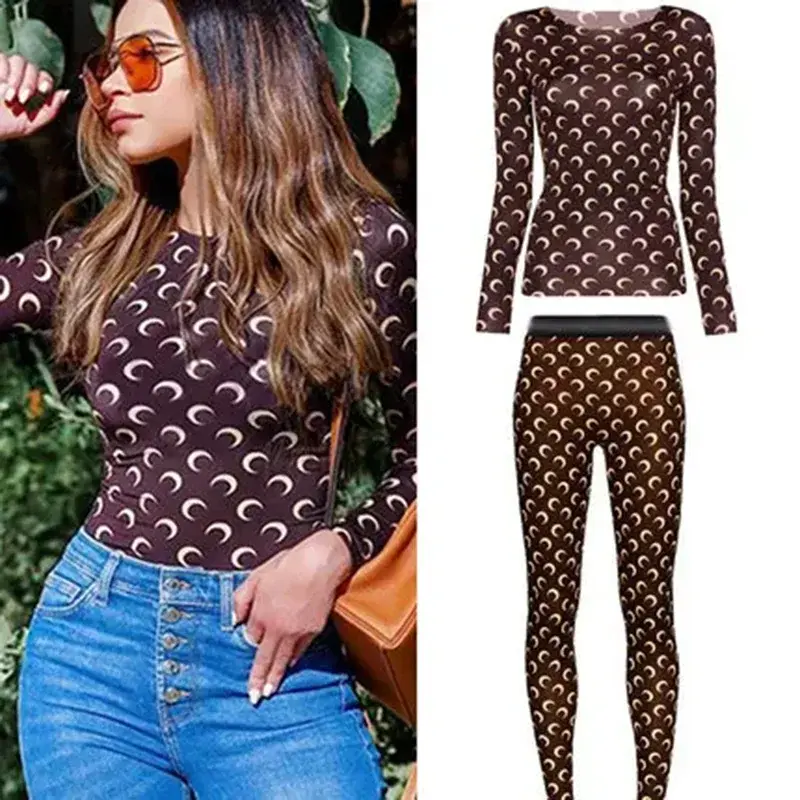 American Retro Ice Silk Two-Piece Set | Sexy Moon Print Long Sleeve Top & Pants | Sun Protection Autumn Style