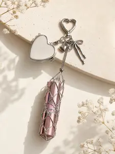silverlipstick net bag pendant, Stylish Keychain, female key bag pendant storage bag, Heart Design Keychain, Keychain Lipstick Case with Mirror, Bag Accessory, Stainless Steel Mesh Holder, Silver Y2K Style Heart for Lipsticks & Lighte