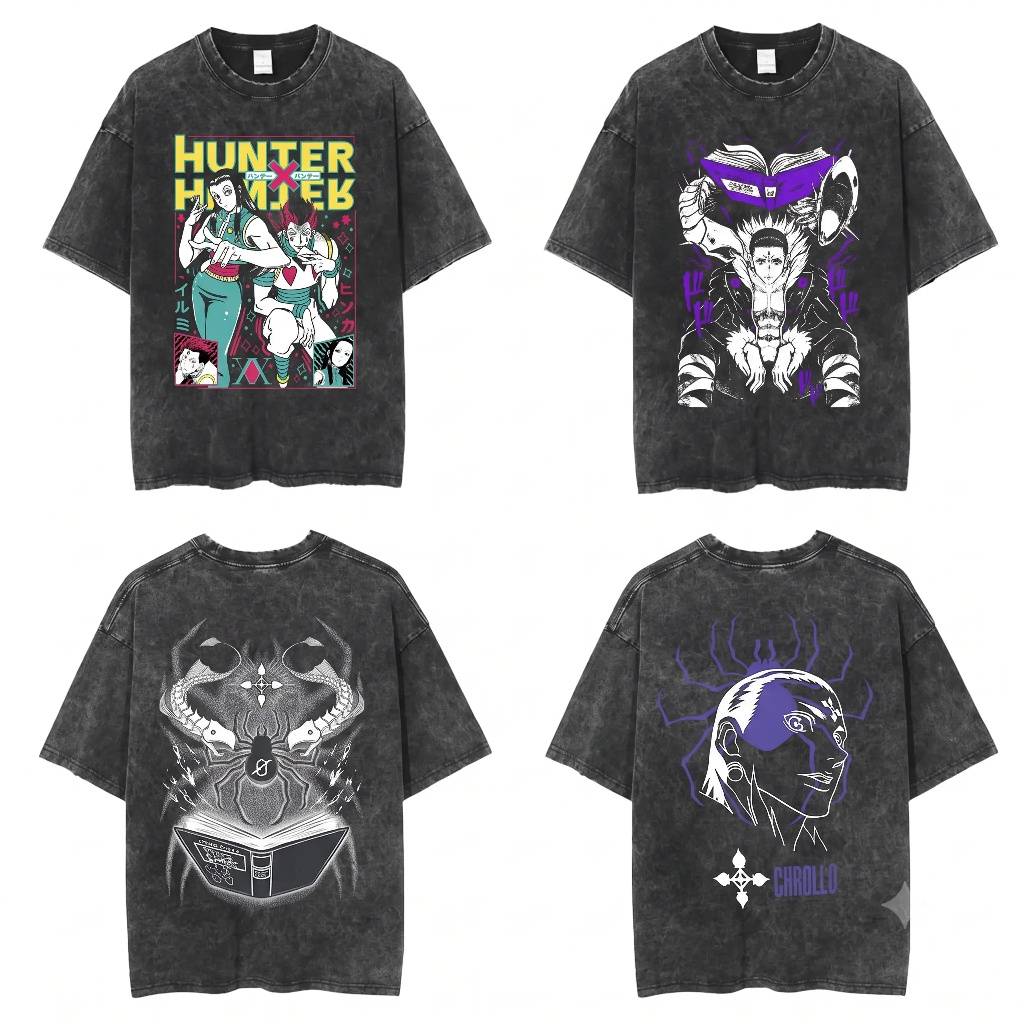 Hunter x Hunter Shirt, Illumi Hisoka Chrollo Lucilfer Phantom Troupe fashion wear Oversized Tshirt, Vintage Anime Graphic Tee, Acid Wash Streetwear, Illumi Hisoka Neon Title Box Chrollo Floating Bandit Secret Book