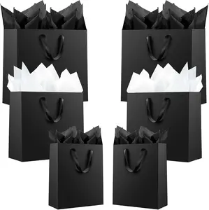 12 count Black  Bags, Paper Bag with Mixed Tissue Paper (4 Small 6", 4 Medium 8.7", 4 Large 12.6"),  Paper Bags with Handles for Birthdays and Holidays