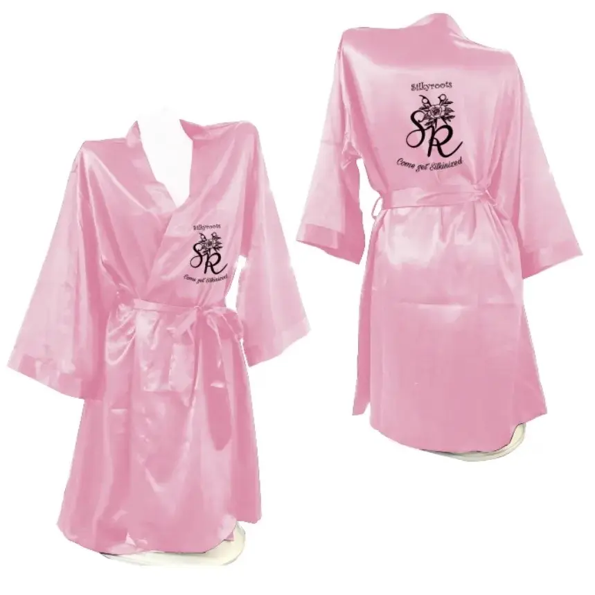SilkyRoots Satin Bathrobe for Women - Pink and Black Gown with Long Sleeves and Tie Waist, Ideal for Bathing and Relaxation - Gowns, Womenswear Loungewear