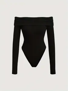 Elegant Women's Solid Color Bodysuit, Off-Shoulder Long Sleeve Design, Perfect for Enhancing Figure & Waistline, New Fashion Trendy