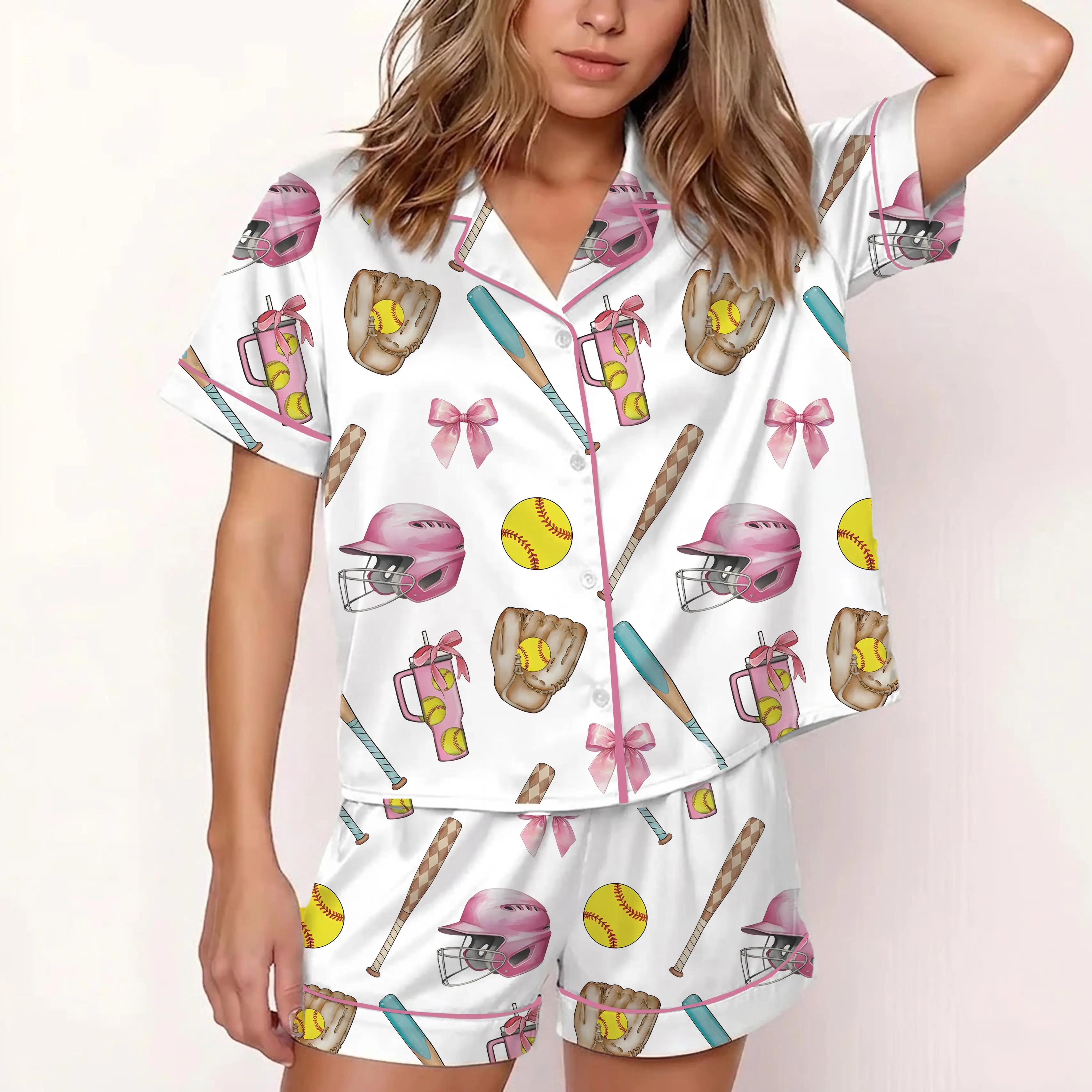 Softball Pajama Set for Women, Pink Softball Sleepwear, Cute Baseball Pajamas, Girls Softball Gift, Button Down Summer PJ Set, Sports Lover
