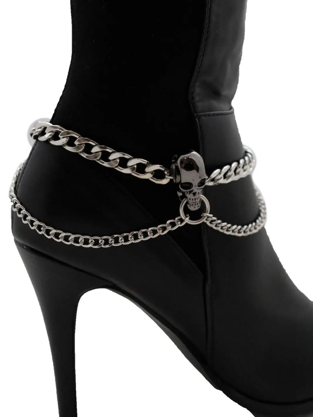 NEW Women's Boot Bracelet Silver Metal Chains Skeleton Skull Anklet Shoe Charm PAIR BC146 Western Rodeo Festival Fashion Accessory Adjustable 11-15 In.