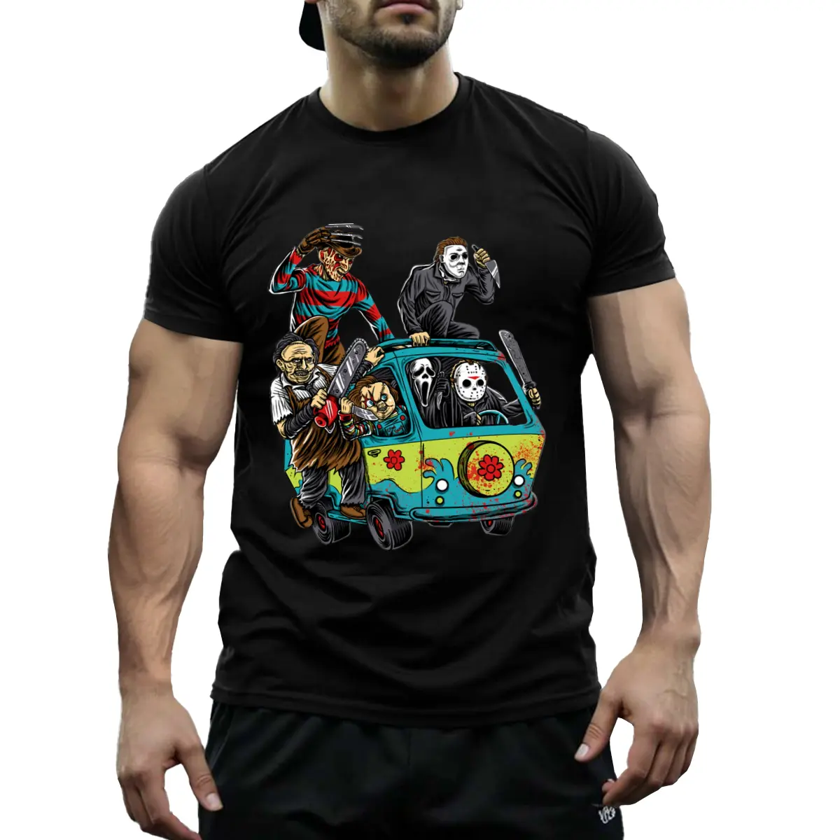 Men's Mikell Jason Halloween Horror Movie Graphic Tee - The Goonies & Ghostbusters Crossover Design, Casual Cotton T-Shirt with Short Sleeves, Round Neck, Regular Fit - Ideal for All Seasons, Movie Graphic Shirt Edgy Casual Style Cotton Fabric