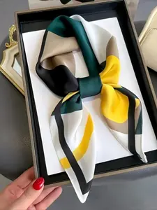 [Lightweight] Soft, Silky 27.5" Luxe Satin Square Silk Feeling Scarf - Geometric Pattern in Orange, White & Brown |   Stylish Headscarf, Shawl &  Accessory