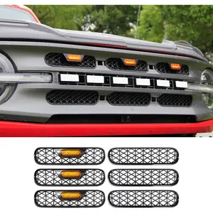 Front Mesh Grille Inserts & Amber Light Compatible with 2021-2025 Ford Bronco Big Bend Outer Banks Grill Frame Trim Covers Accessories