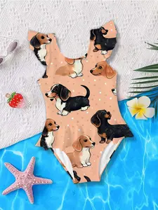 Girls' Cartoon Corgi & Dachshund Print Jumpsuit, Casual Slim-Fitting Summer, Perfect for Beach, Birthday Gift, Outdoor Comfort