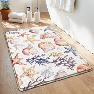 Starfish & Shell Pattern Bath Mat, 1 Count Non-slip Soft Absorbent Bath Rug, Bathroom Mat for Home Bathroom Hotel Dormitory Decor, Water Absorbent Rug, Bathroom Decorative Mat, Water Absorbing Mat