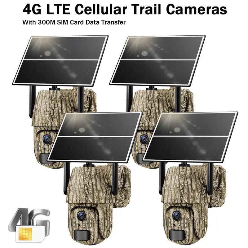 4G LTE Cellular Solar Powered Game & Trail Camera, Outdoor Wireless Security Camera No WiFi Needed, 2.7K Color Night Vision, 360° Live View, PIR Motion Sensor, 2-Way Talk, Built-in SIM Card (Data Refill Required), Wall Tree Mount Compatible