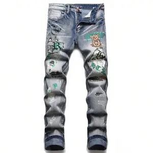 Graffiti Washed Jeans Printed Graffiti Distressed Washed And Distressed Jeans Men Jeans Para Hombre Straight-Leg Wide-Leg Stretch All-Season Streetwear Y2K Vintage Wash