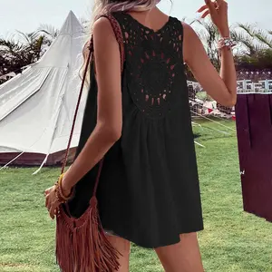 Black Bohemian Crochet Patchwork Sleeveless Tunic