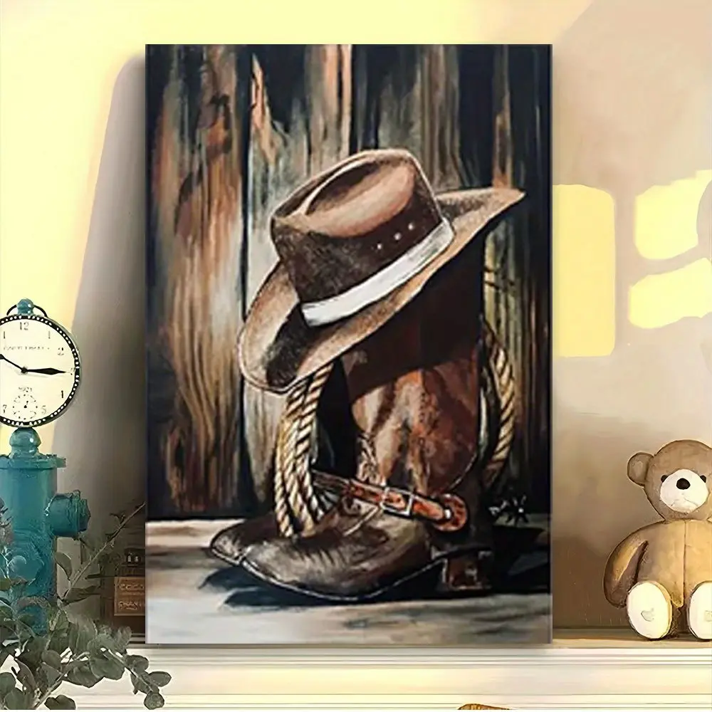 Vintage Cowboy Boots & Hat Canvas Wall Art Set - Lightweight Western Oil Painting Style Print, Industrial Rustic Farmhouse Decor, Unframed or Framed Options for Living Room, Ideal Gift Posters